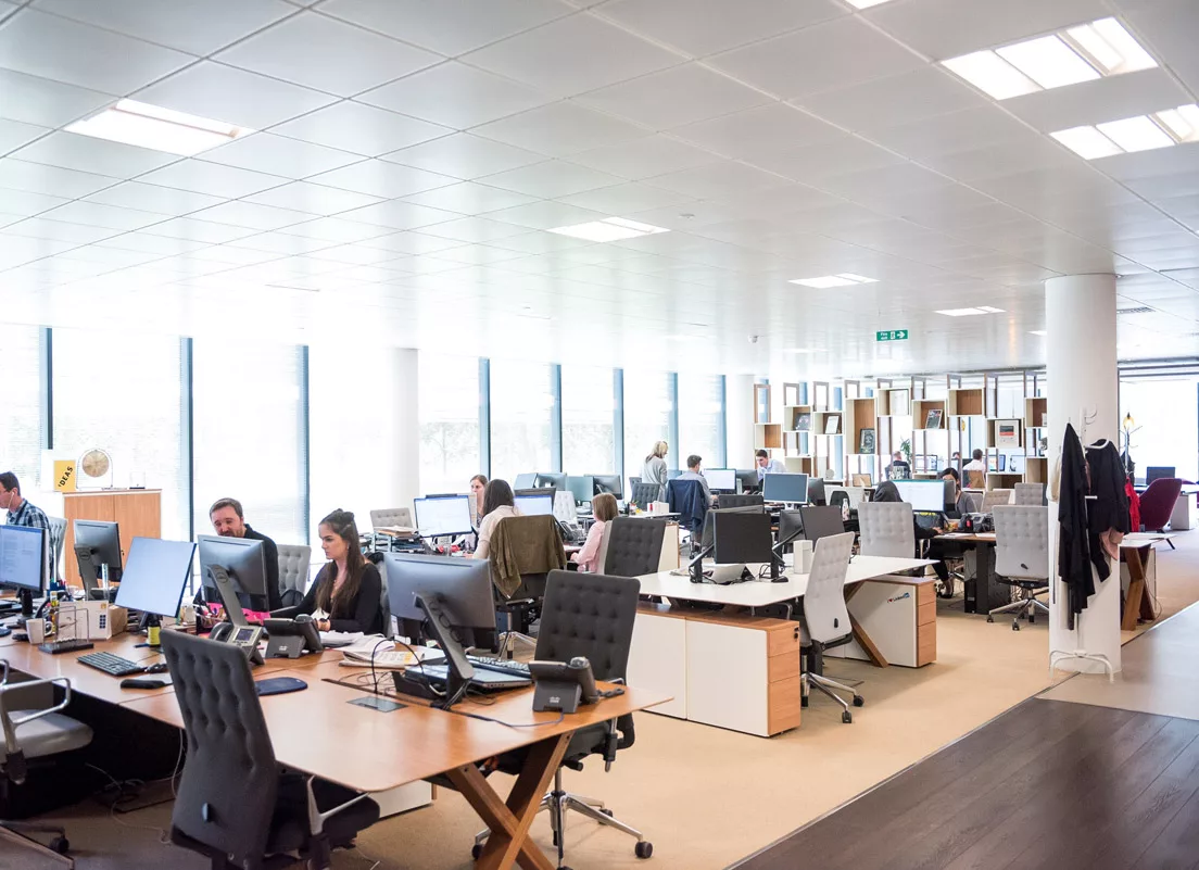 A group of people working in an office, each seated at desks with computers, focused on various tasks, collaborating in a professional workspace